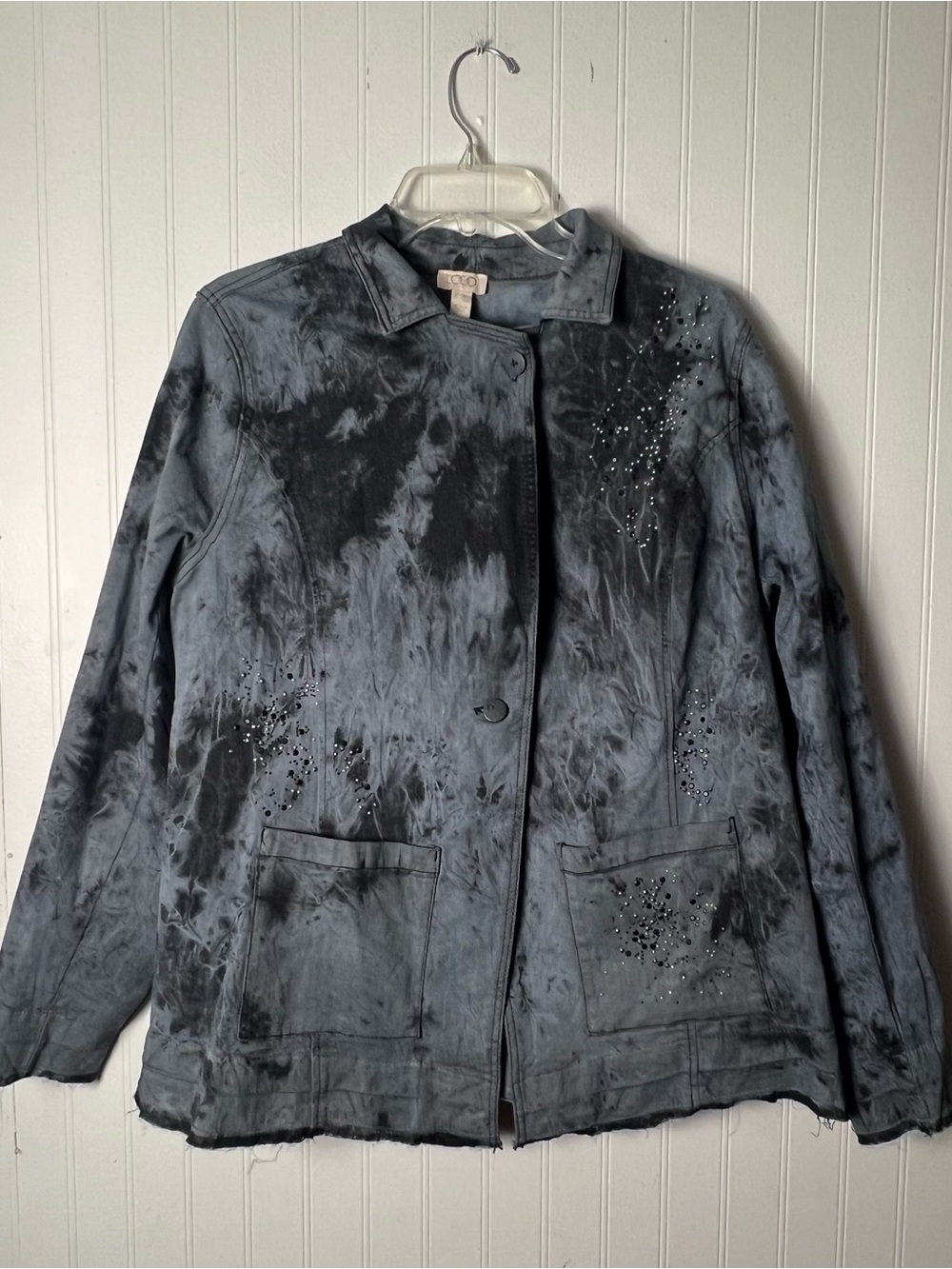 LOGO by Lori Goldstein Tie-Dye Denim Jacket Embellished Size 16 Raw Hem